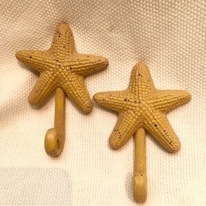 2 Yellow Starfish  Cast Iron Wall key towel Hooks rustic textured finish